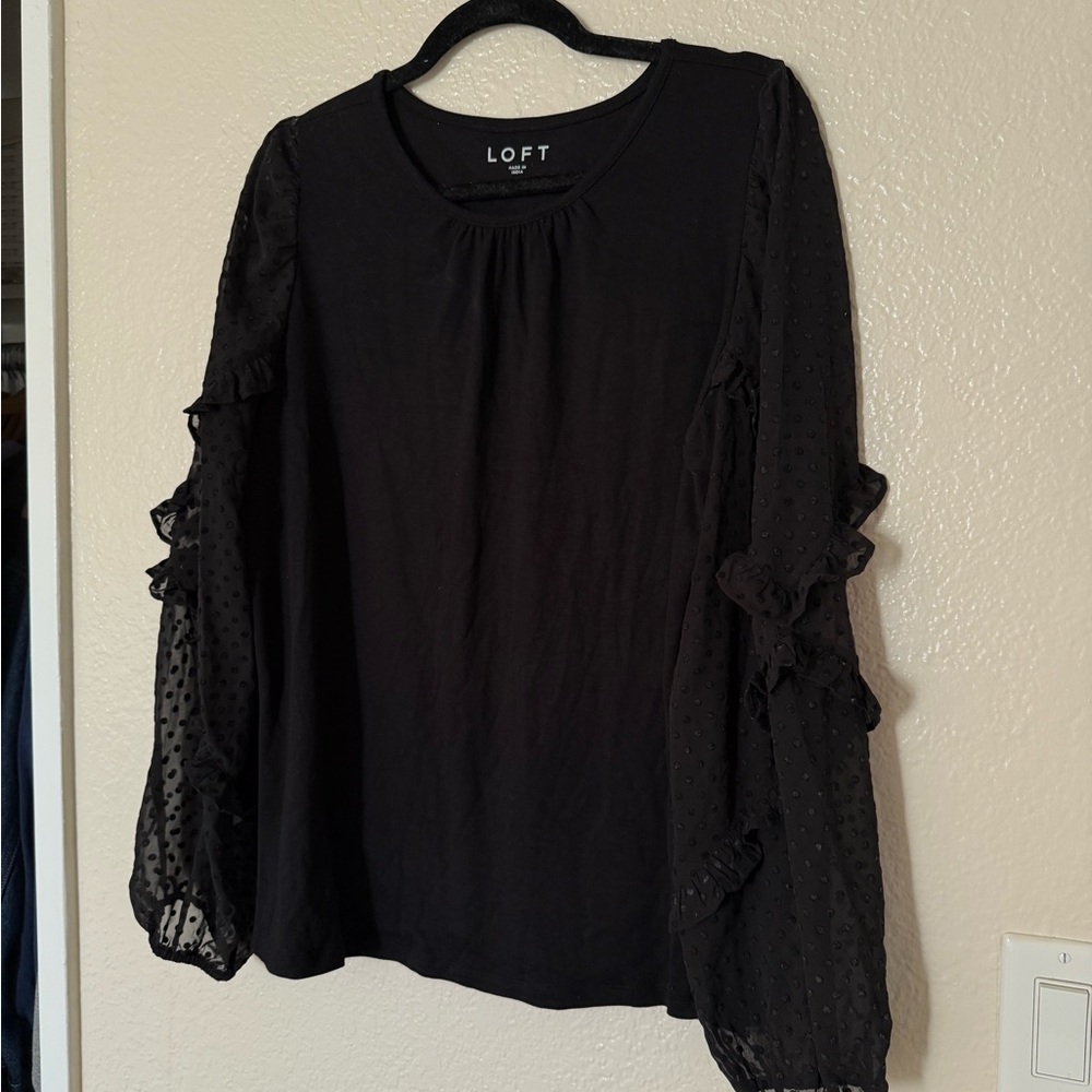 LOFT Black Blouse with Sheer Ruffle Sleeves
